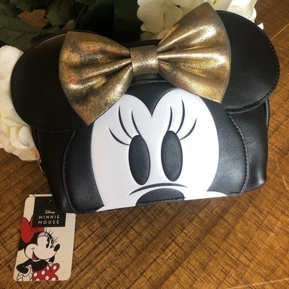 Disney Handbags - Minnie Mouse Cosmetic Case NWT | Black Faux Leather Gold Bow Makeup Bag